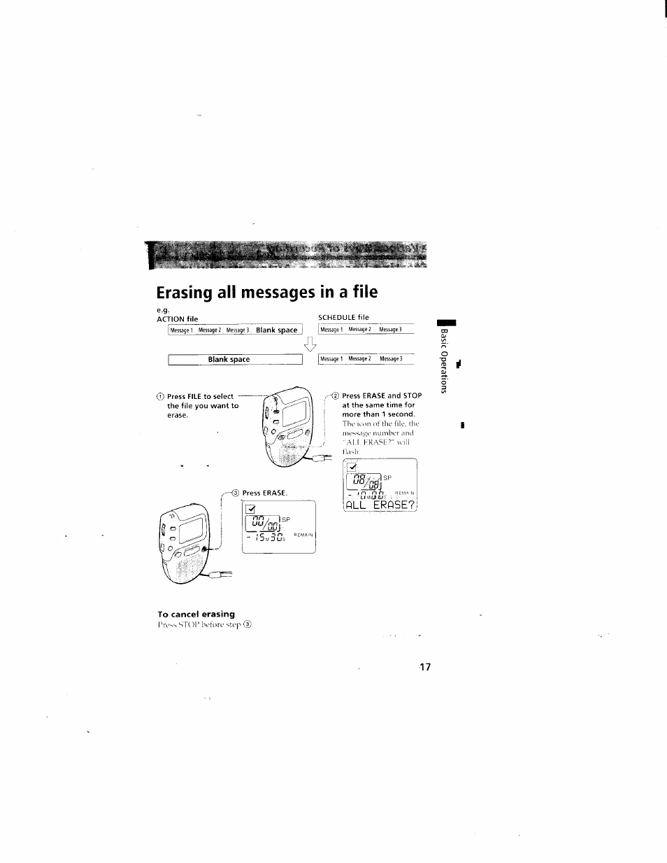 To cancel erasing, Erasing all messages in a file | Sony ICD-70 User Manual | Page 17 / 48