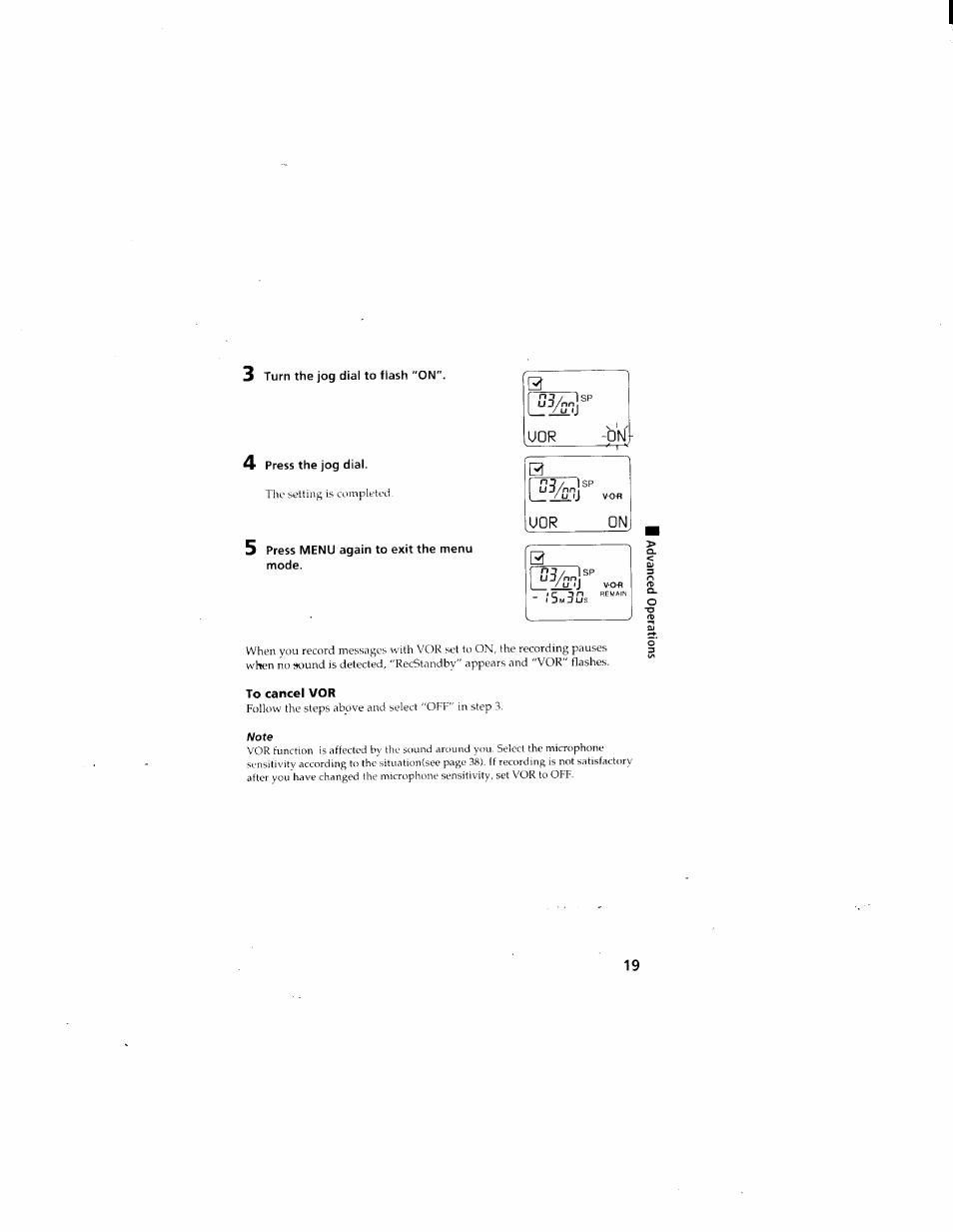 3 turn the jog dial to flash "on, 4 press the jog dial, 5 press menu again to exit the menu mode | To cancel vor | Sony ICD-70 User Manual | Page 19 / 48