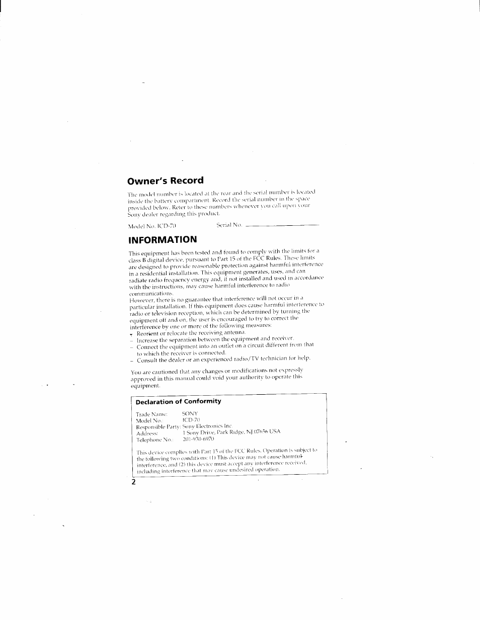 Owner's record, Information | Sony ICD-70 User Manual | Page 2 / 48