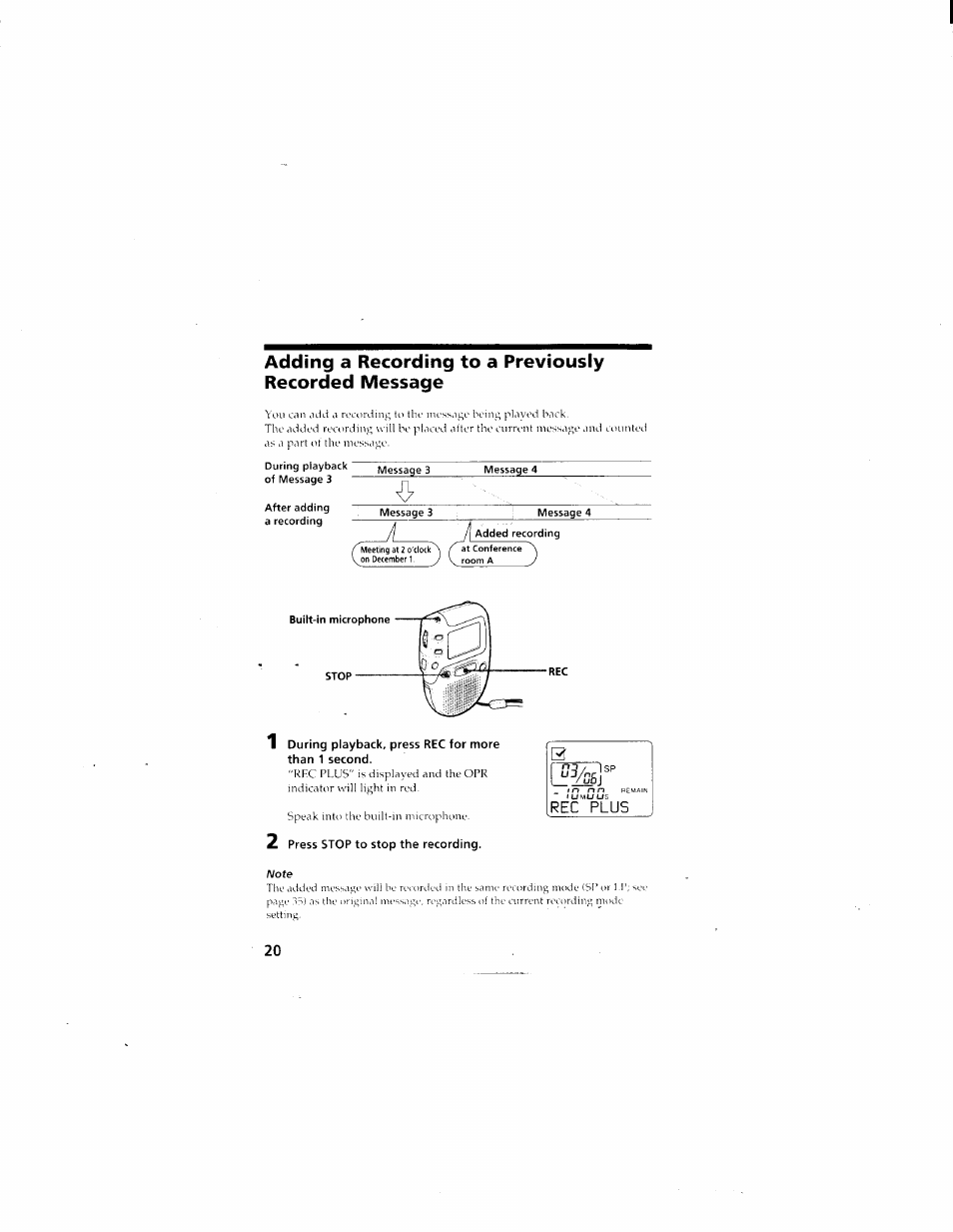 2 press stop to stop the recording | Sony ICD-70 User Manual | Page 20 / 48