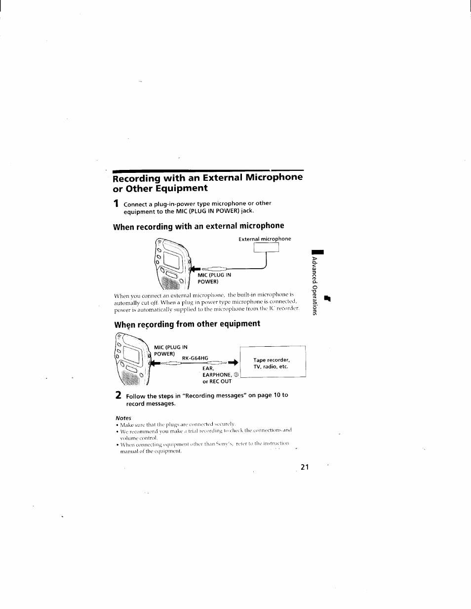 When recording with an external microphone, When recording from other equipment | Sony ICD-70 User Manual | Page 21 / 48