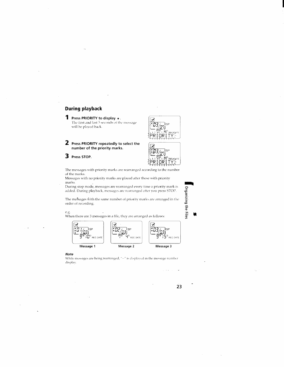 During playback, 1 press priority to display, 3 press stop | Priorityc | Sony ICD-70 User Manual | Page 23 / 48