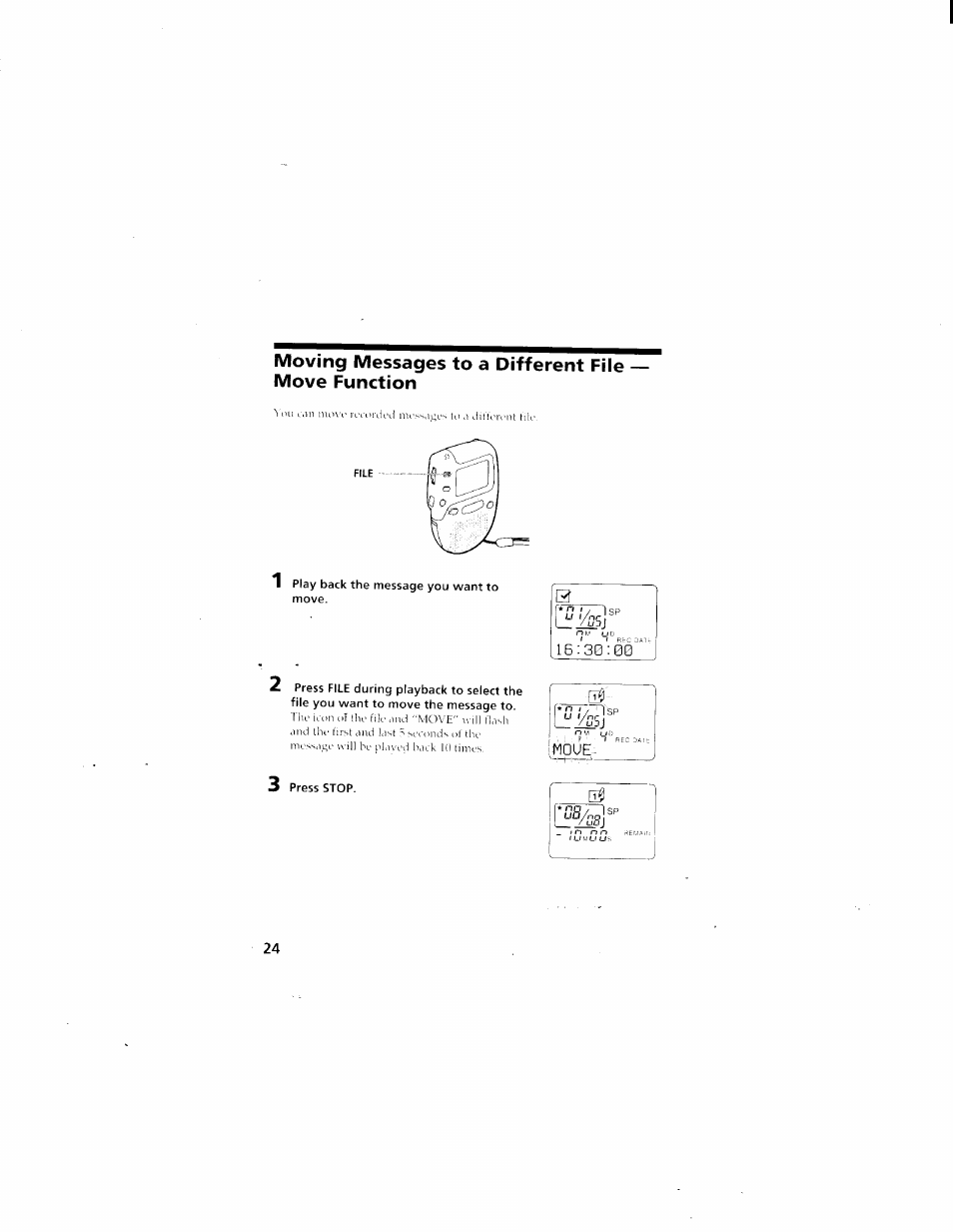 Moving messages to a different file move function, I*.'7 7sp, Moue | Sony ICD-70 User Manual | Page 24 / 48