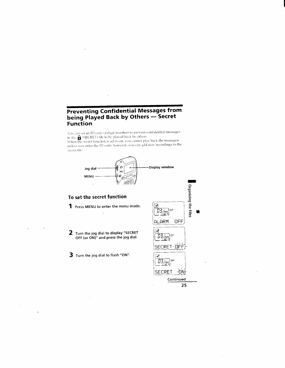 To s£t the secret function, Filflrm off, Secret -on | Secret functum | Sony ICD-70 User Manual | Page 25 / 48