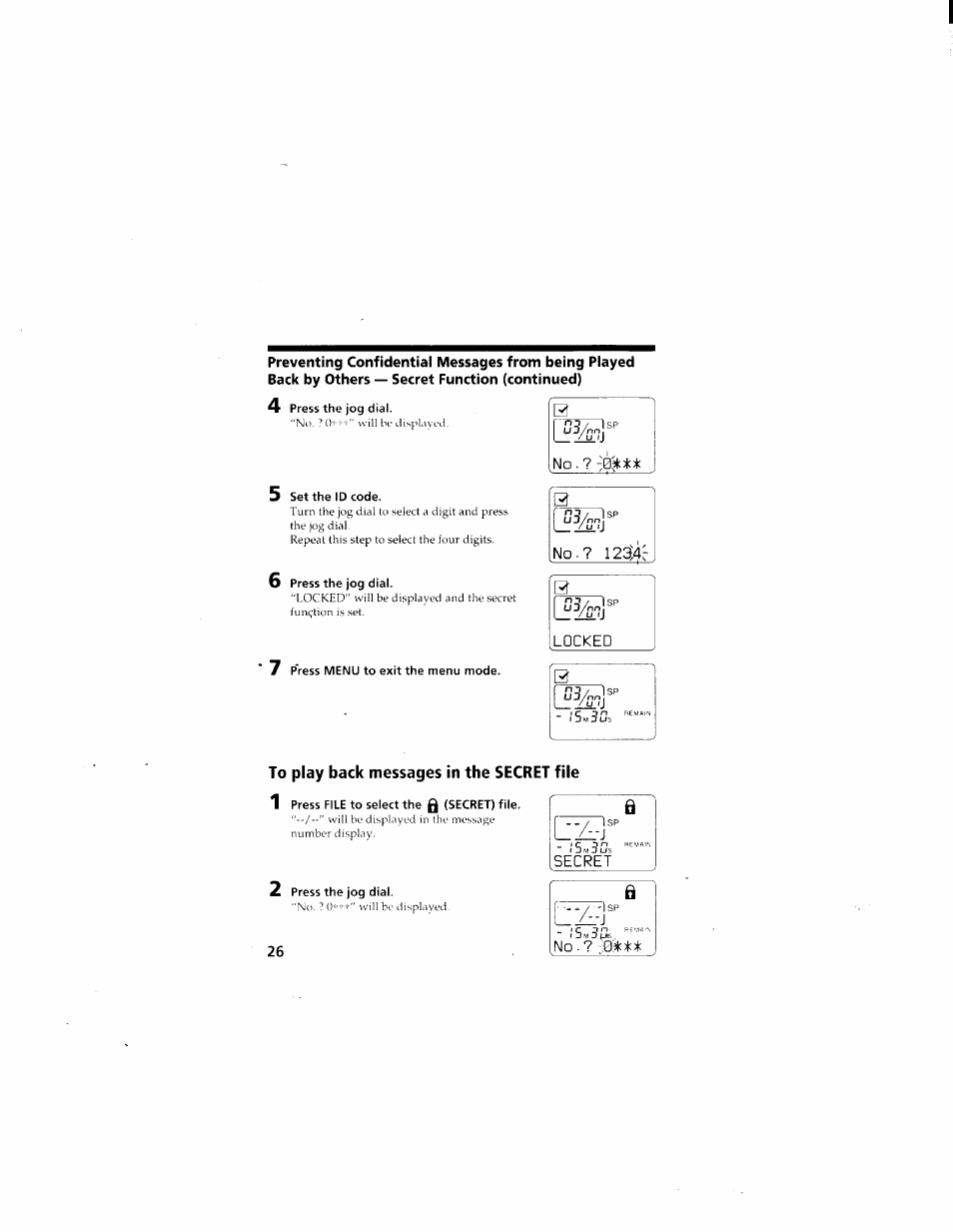 To play back messages in the secret file, Secret | Sony ICD-70 User Manual | Page 26 / 48