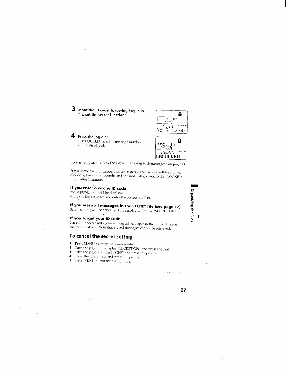 No.? 123a, If you enter a wrong id code, If you forget your id code | To cancel the secret setting, N o . ? 123a, Unlocked | Sony ICD-70 User Manual | Page 27 / 48