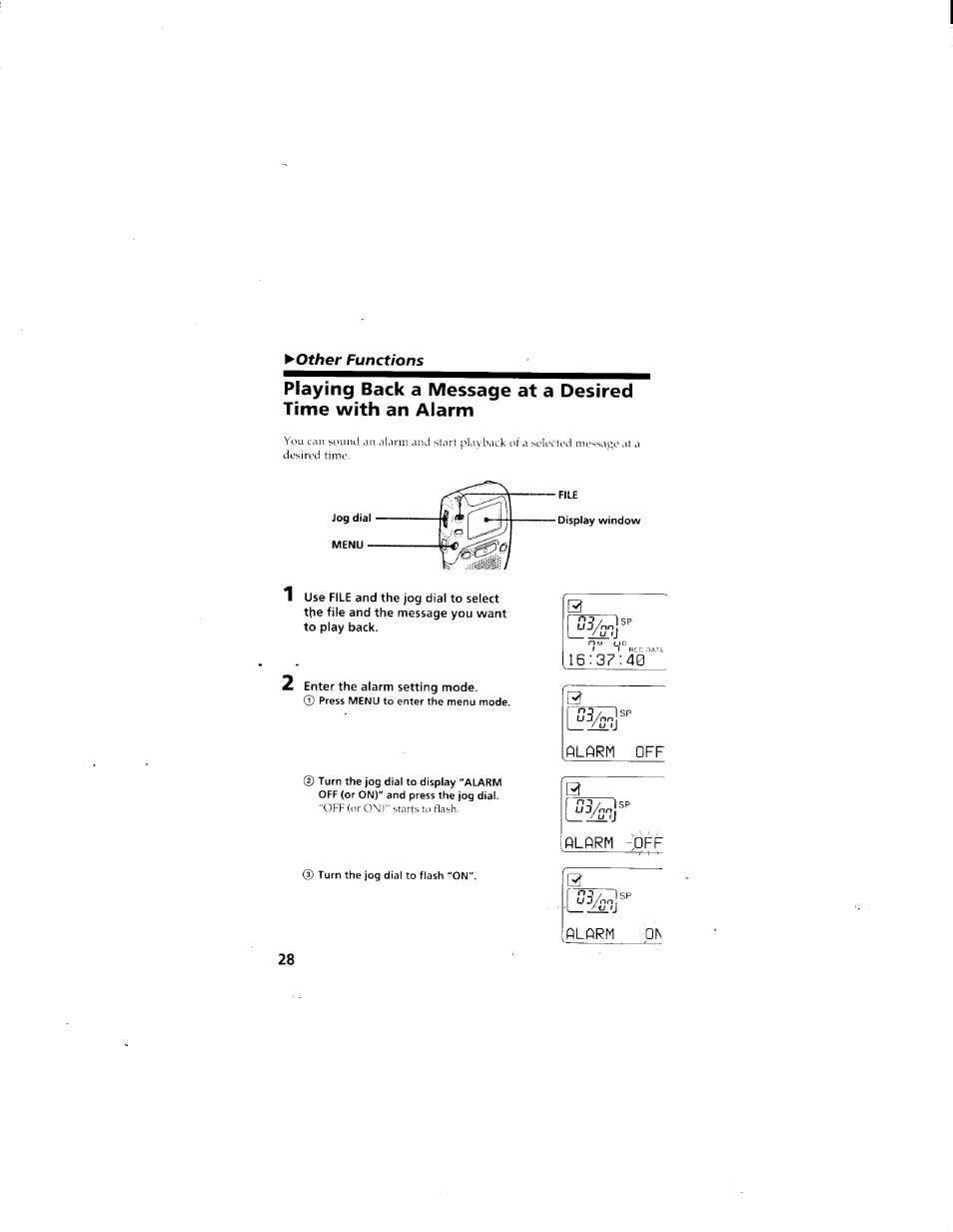 Alarm off, Alarm -off, Alarm on | Sony ICD-70 User Manual | Page 28 / 48