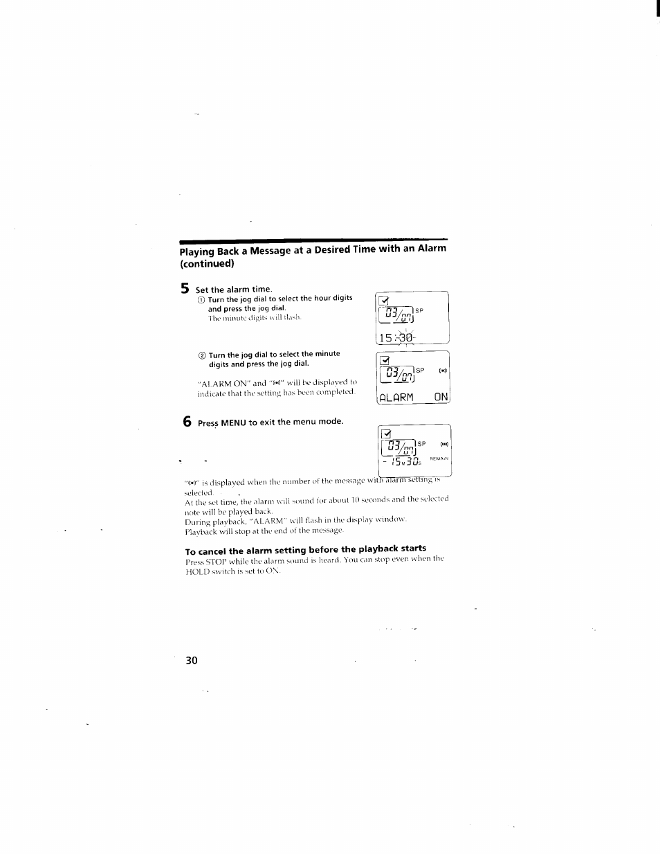 5 set the alarm time, 6 press menu to exit the menu mode | Sony ICD-70 User Manual | Page 30 / 48