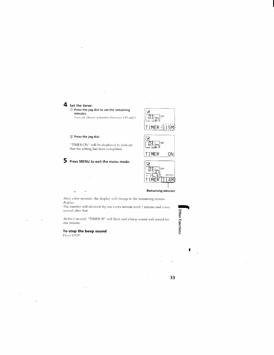 4 set the timer, 5 press menu to exit the menu mode, Timer-1 15m | To stop the beep sound, Cil'j | Sony ICD-70 User Manual | Page 33 / 48