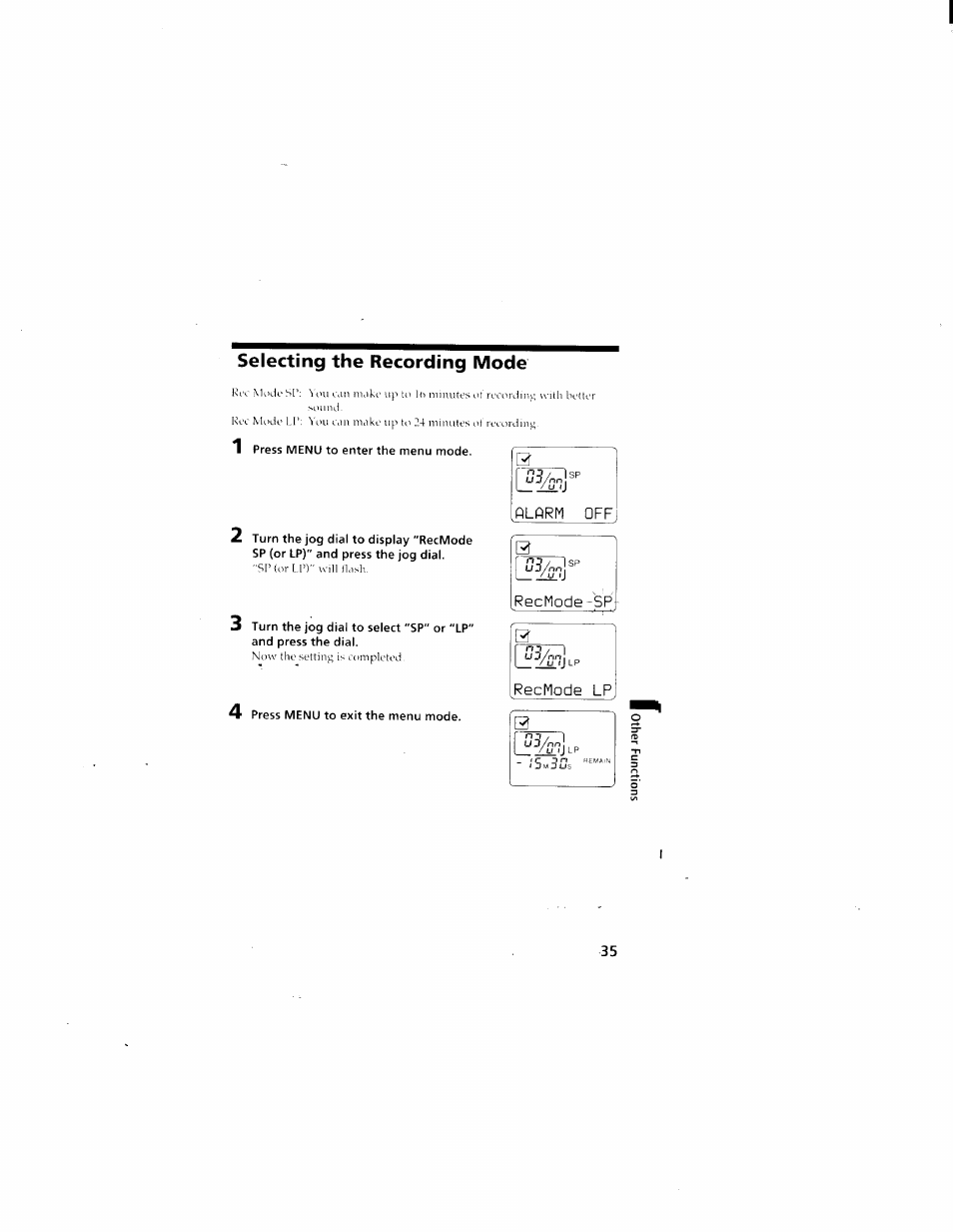 Selecting the recording mode, Recmode-sp | Sony ICD-70 User Manual | Page 35 / 48
