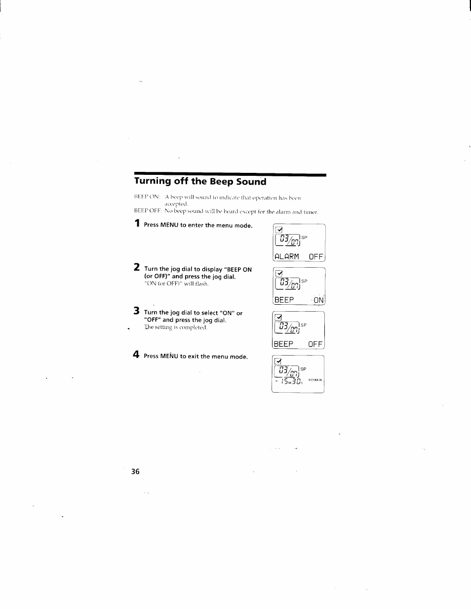 Turning off the beep sound, Alarm off | Sony ICD-70 User Manual | Page 36 / 48