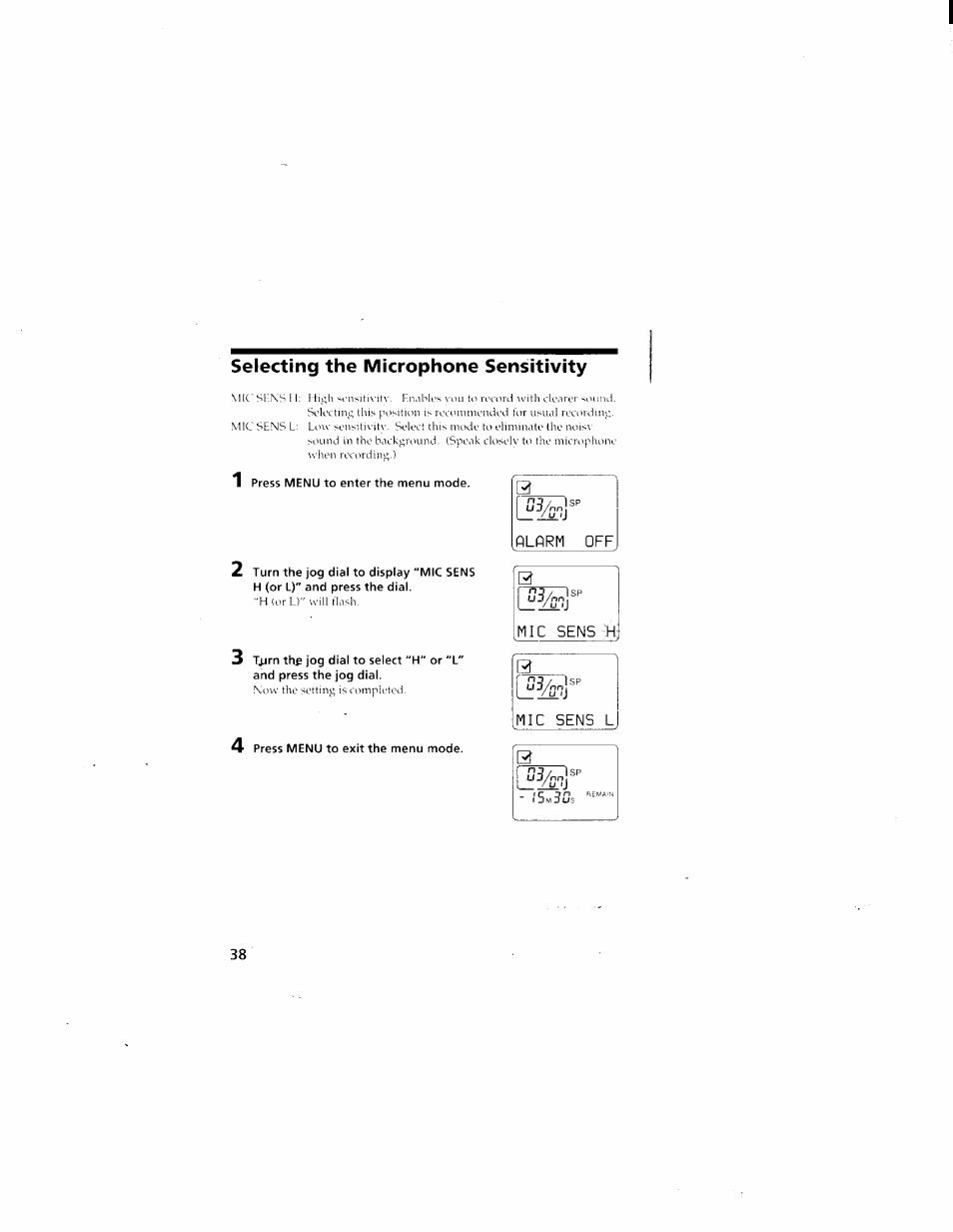 Selecting the microphone sensitivity, Press menu to enter the menu mode, 4 press menu to exit the menu mode | Sony ICD-70 User Manual | Page 38 / 48