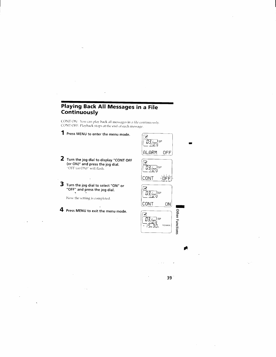 Playing back all messages in a file continuously, Alfirm off, Jl'j | Sony ICD-70 User Manual | Page 39 / 48