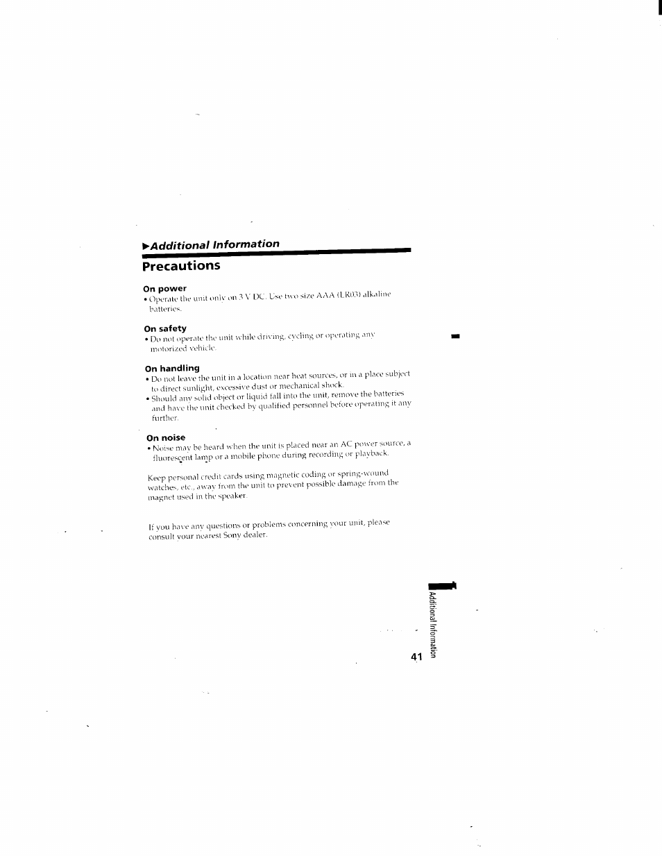Precautions, On power, On safety | On handling, On noise | Sony ICD-70 User Manual | Page 41 / 48