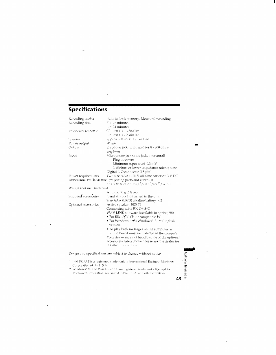 Specifications | Sony ICD-70 User Manual | Page 43 / 48