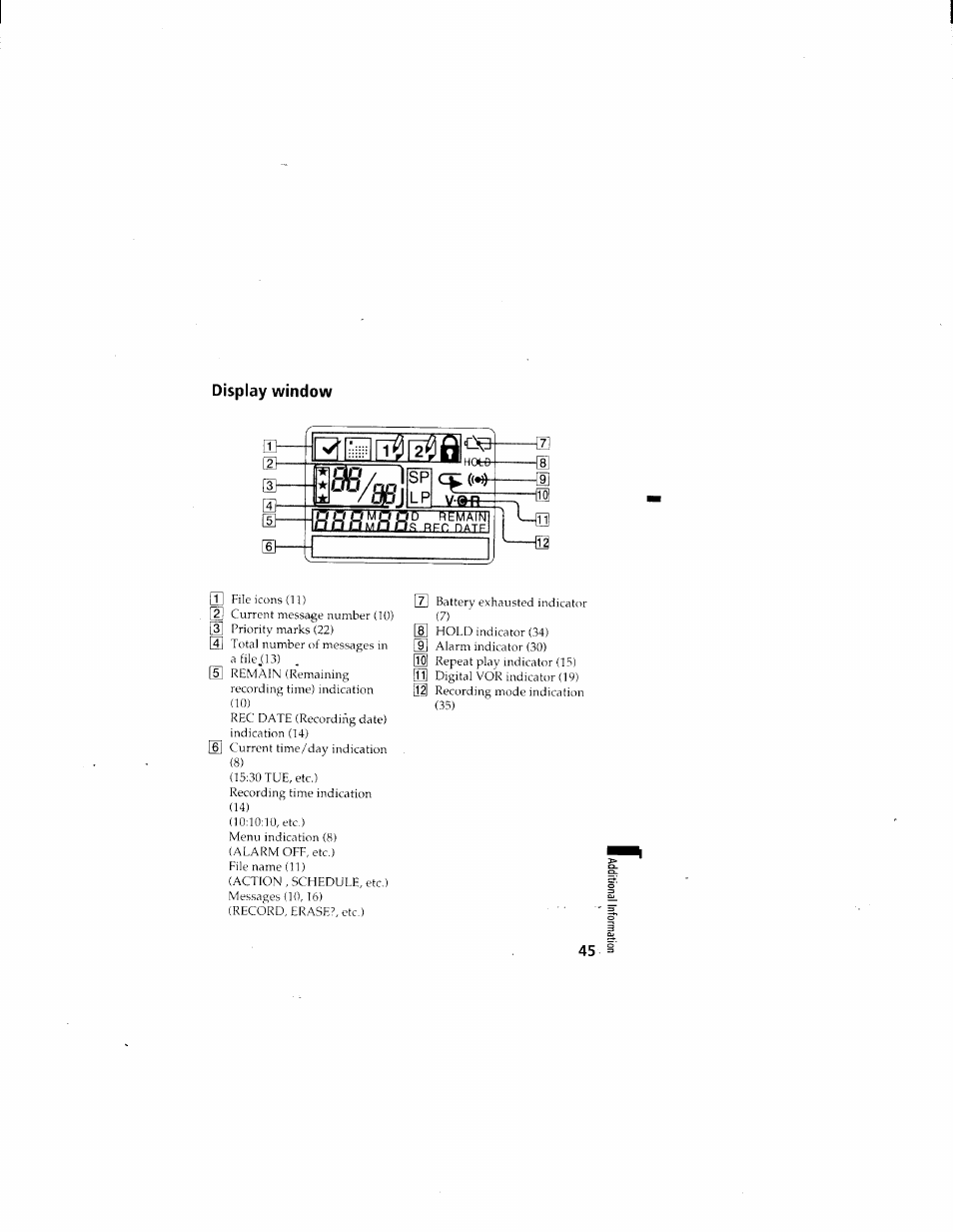 Display window | Sony ICD-70 User Manual | Page 45 / 48