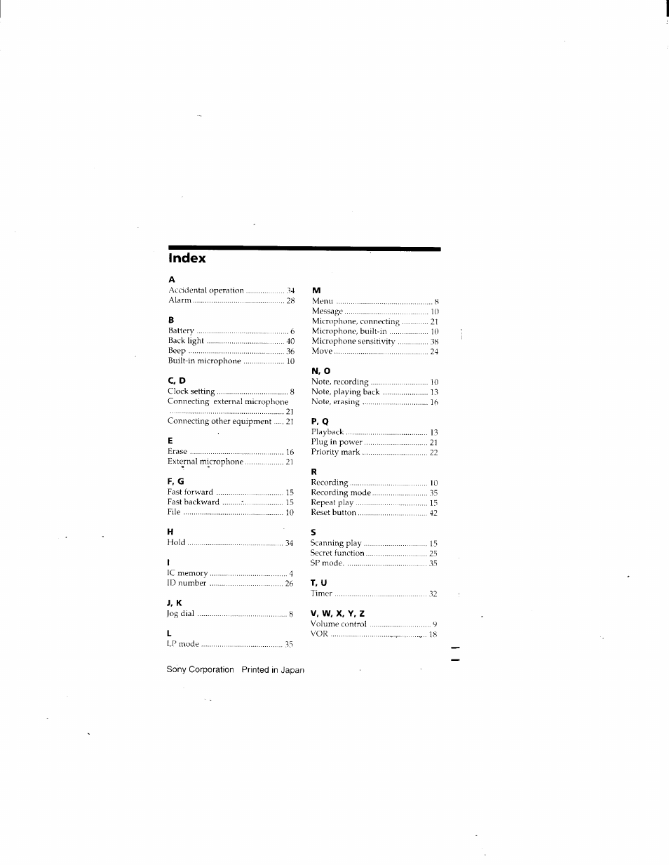 Index, Sony corporation printed in japan | Sony ICD-70 User Manual | Page 48 / 48