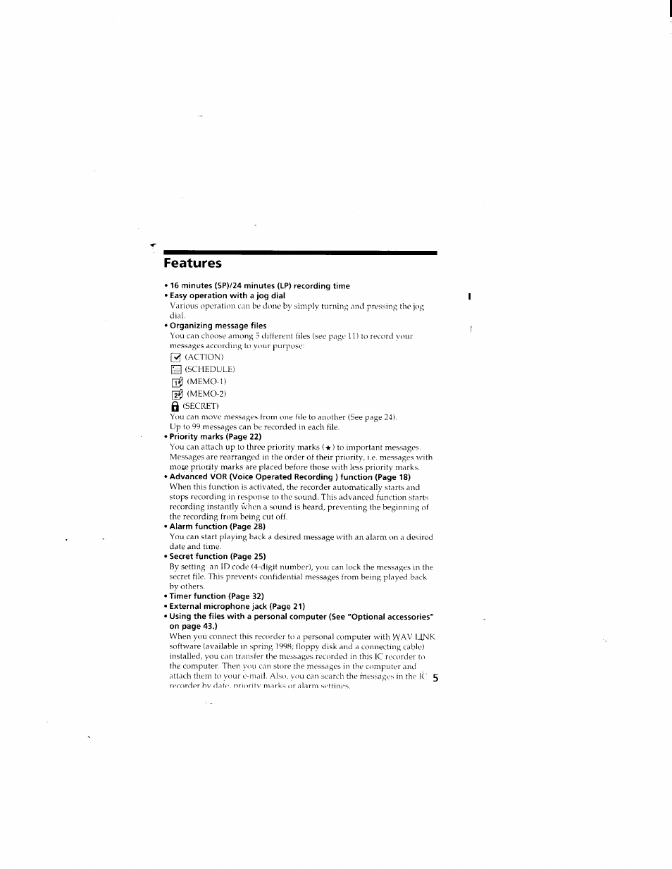 Features | Sony ICD-70 User Manual | Page 5 / 48
