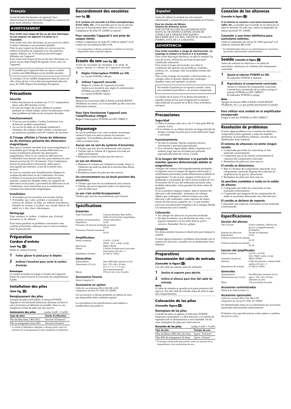 Precauciones, Preparativos, Raccordement des enceintes | Écoute du son, Dépannage, Spécifications, Conexión de los altavoces, Sonido, Resolución de problemas, Especificaciones | Sony SRS-T33PS User Manual | Page 2 / 2