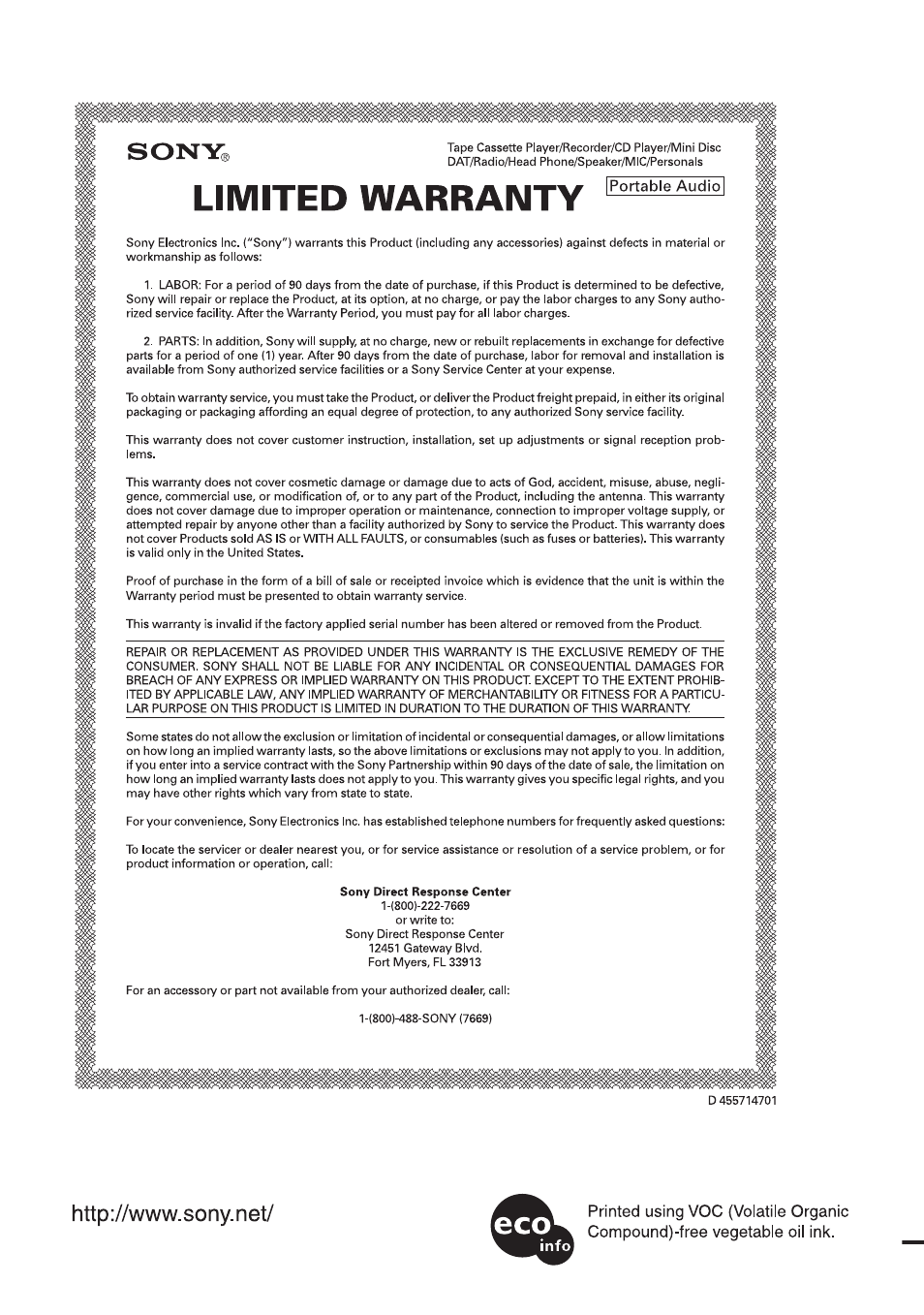 This warranty is valid only in the united states | Sony MZ-B10 User Manual | Page 60 / 60