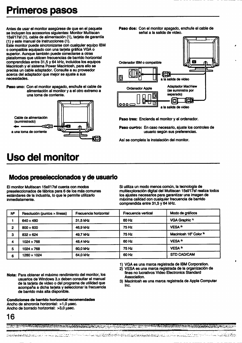 Pasos, Uso del monitor, Modos preseleccíonados y de usuario | Sony CPD-15SF1 User Manual | Page 16 / 20