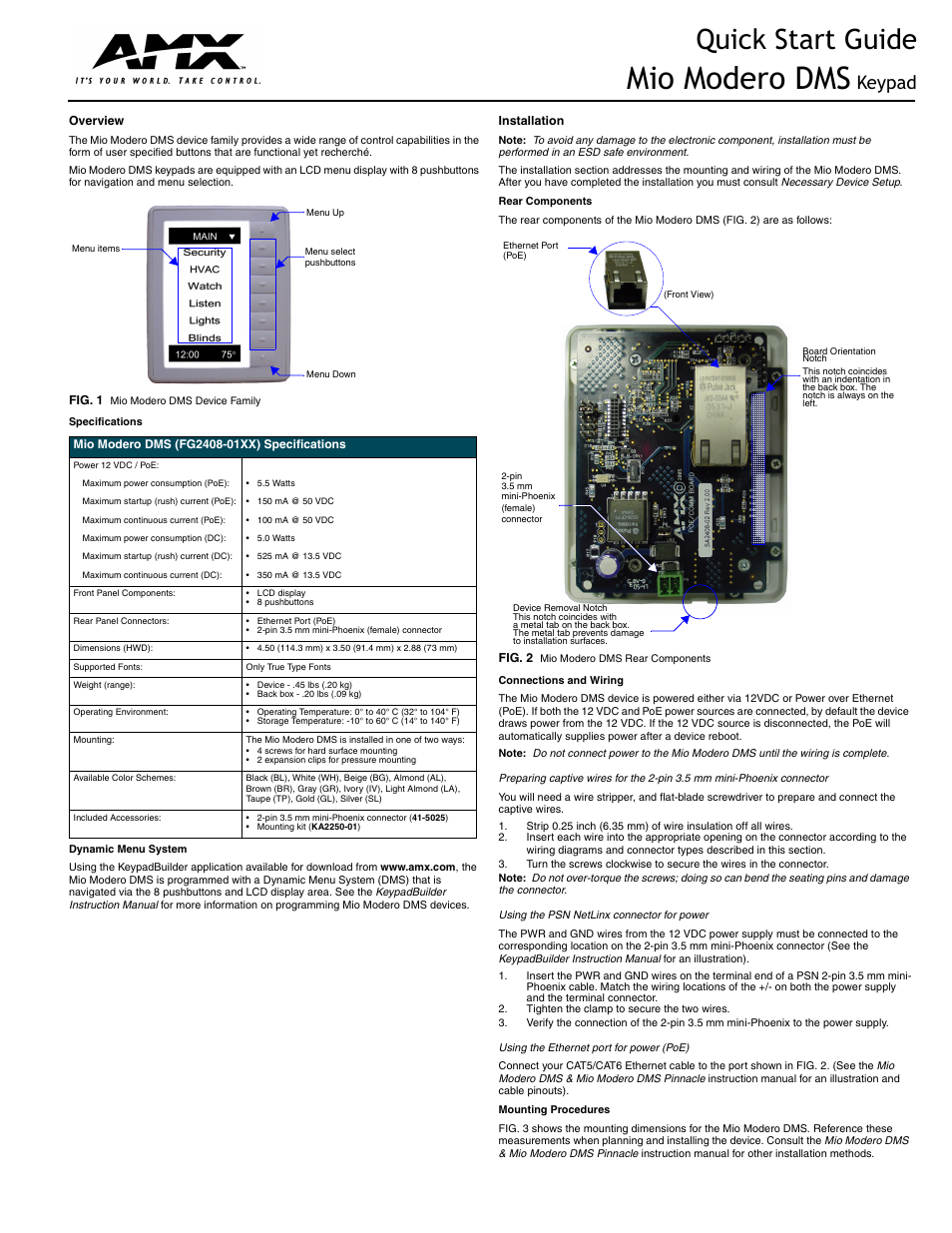 AMX Mio Modero Dms Keypad User Manual | 2 pages