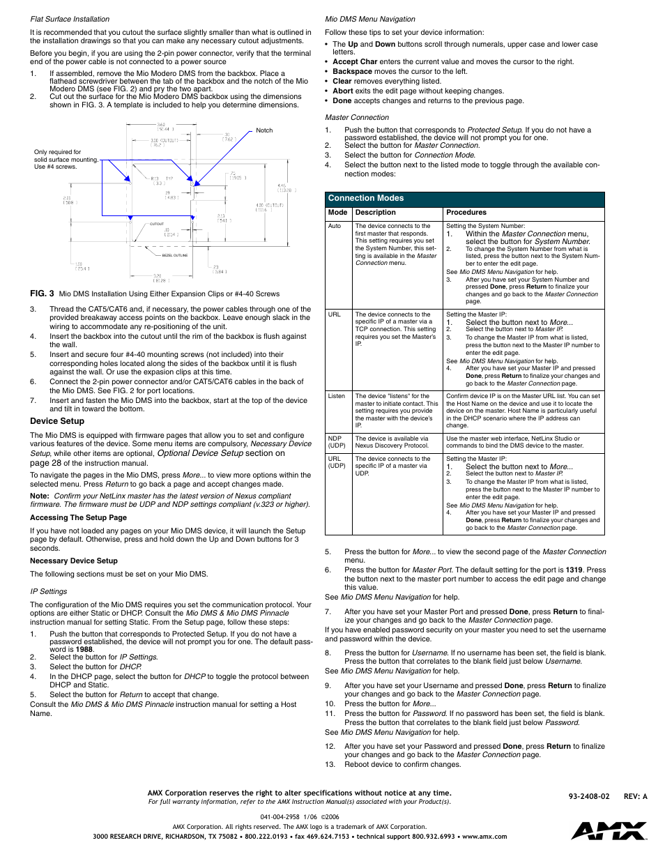 Flat surface installation, Device setup, Necessary device setup | Ip settings, Mio dms menu navigation, Master connection | AMX Mio Modero Dms Keypad User Manual | Page 2 / 2
