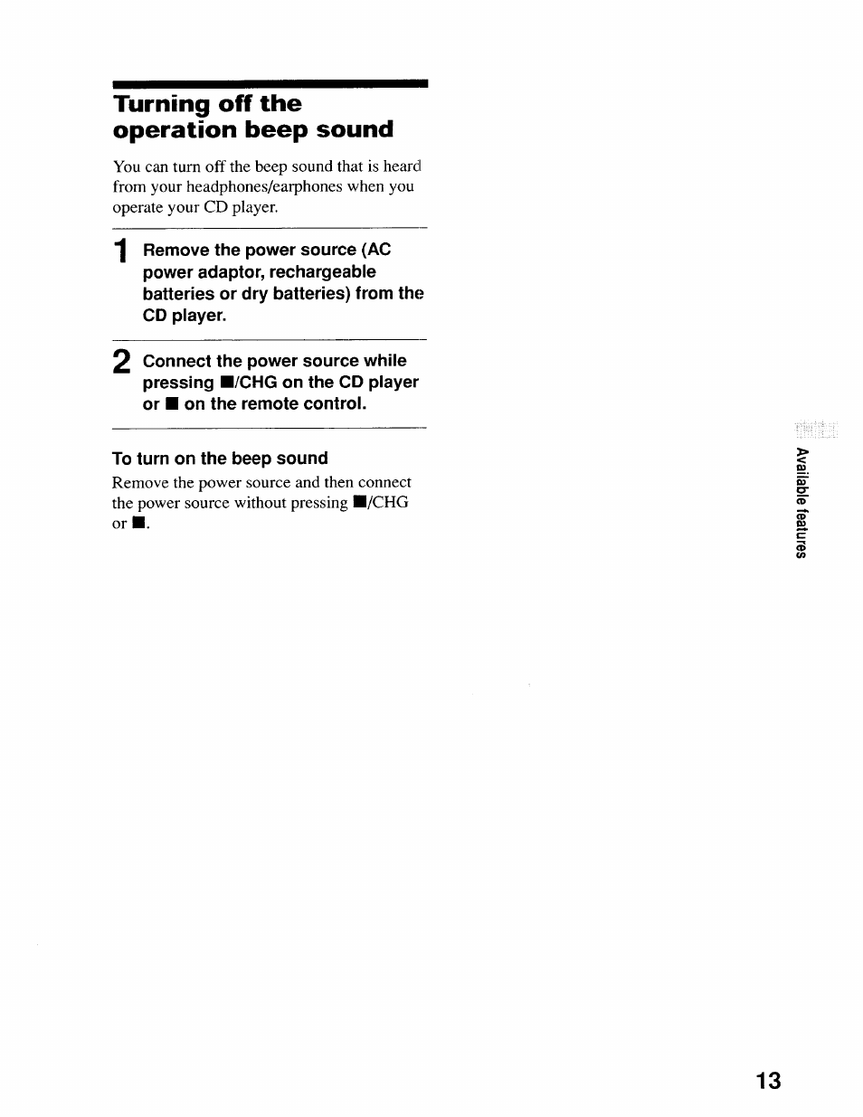 Turning off the operation beep sound | Sony D-EJ611 User Manual | Page 13 / 24