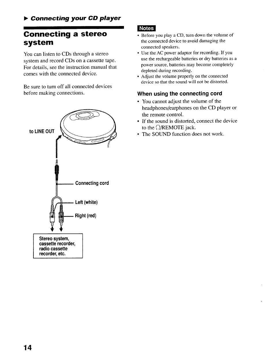 Connecting a stereo system, Connecting your cd player | Sony D-EJ611 User Manual | Page 14 / 24