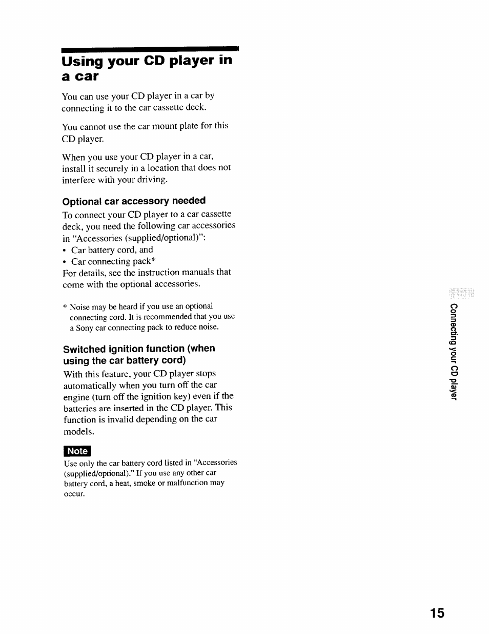 Optional car accessory needed, Using your cd player in a car | Sony D-EJ611 User Manual | Page 15 / 24