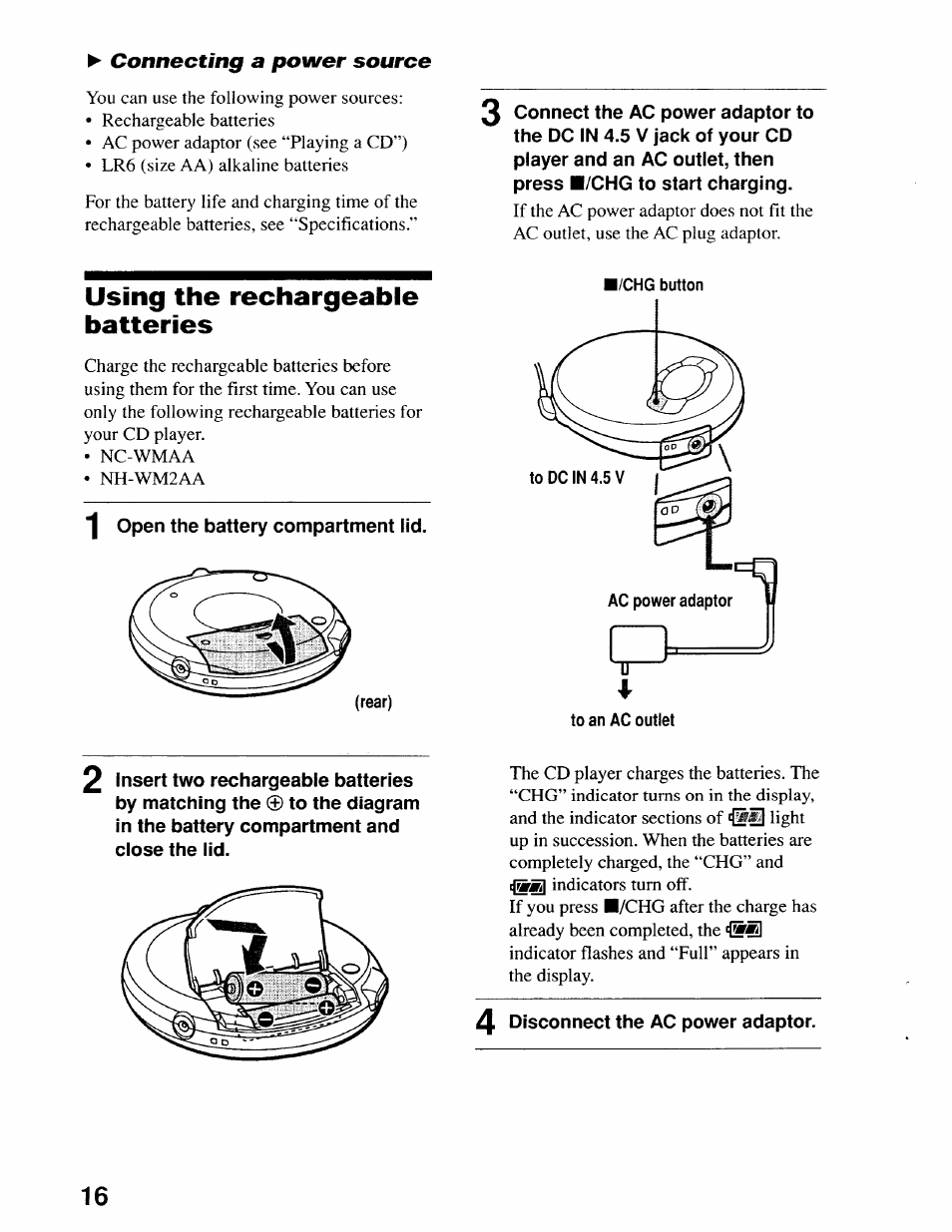 Using the rechargeable batteries | Sony D-EJ611 User Manual | Page 16 / 24