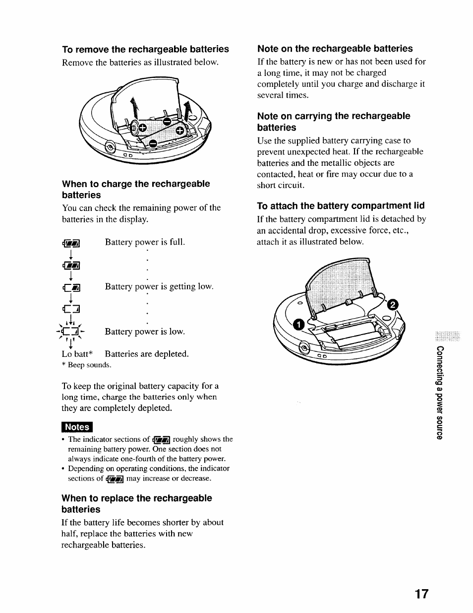 To remove the rechargeable batteries, When to charge the rechargeable batteries, Notes | Note on the rechargeable batteries, Note on carrying the rechargeable batteries, To attach the battery compartment lid, When to replace the rechargeable batteries | Sony D-EJ611 User Manual | Page 17 / 24