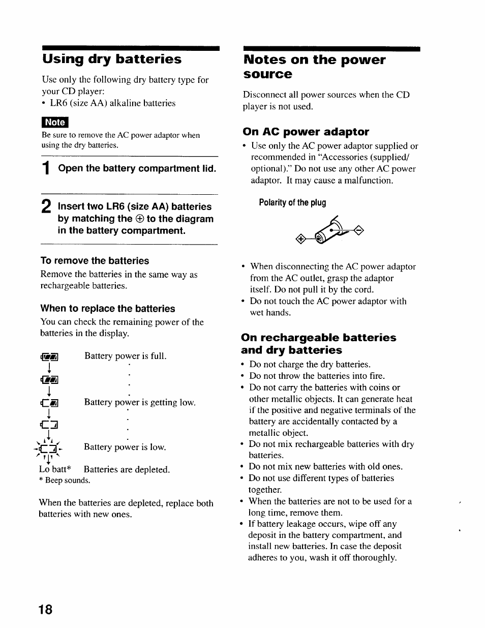 Note, Open the battery compartment lid, To remove the batteries | When to replace the batteries, Polarity of the plug, Using dry batteries | Sony D-EJ611 User Manual | Page 18 / 24