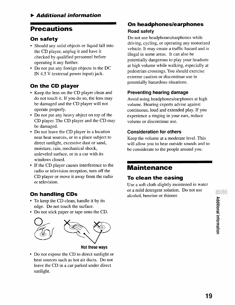 Road safety, Preventing hearing damage, Consideration for others | Precautions, Maintenance | Sony D-EJ611 User Manual | Page 19 / 24