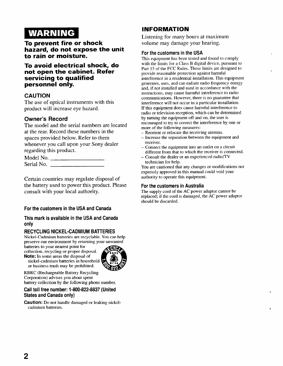 Caution, Owner’s record, For the customers in the usa and canada | This mark is available in the usa and canada only, Recycling nickel-cadmium baheries, For the customers in the usa, For the customers in australia, Warning, Information | Sony D-EJ611 User Manual | Page 2 / 24