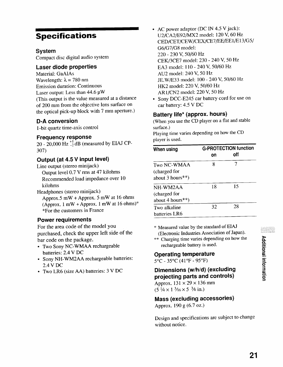 System, Laser diode properties, D-a conversion | Frequency response, Output (at 4.5 v input level), Power requirements, Battery life* (approx, hours), Operating temperature, Mass (excluding accessories), Specifications | Sony D-EJ611 User Manual | Page 21 / 24