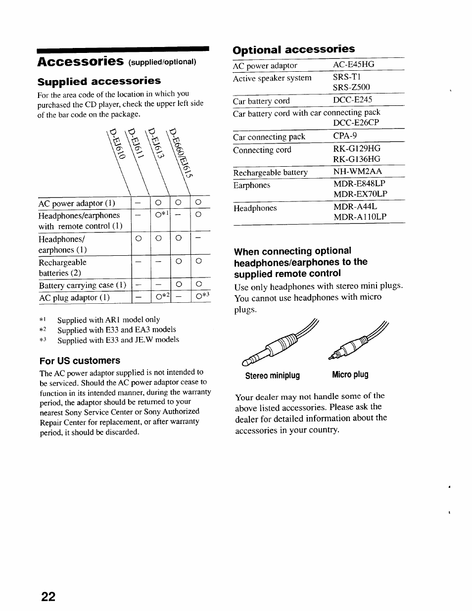 For us customers, Accessories | Sony D-EJ611 User Manual | Page 22 / 24
