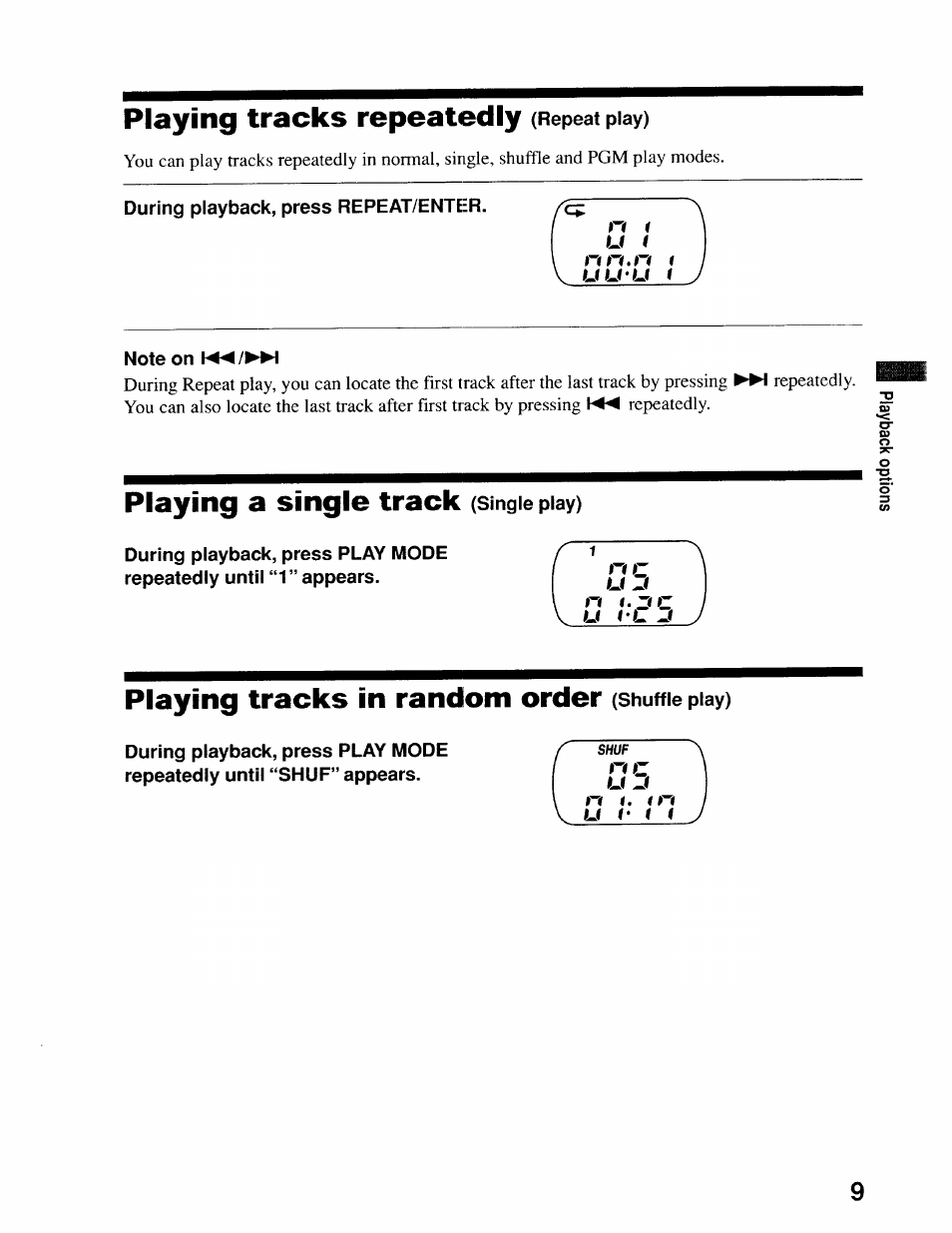 Playing tracks repeatedly, Playing a single track, Playing tracks in random order | U ( t y | Sony D-EJ611 User Manual | Page 9 / 24