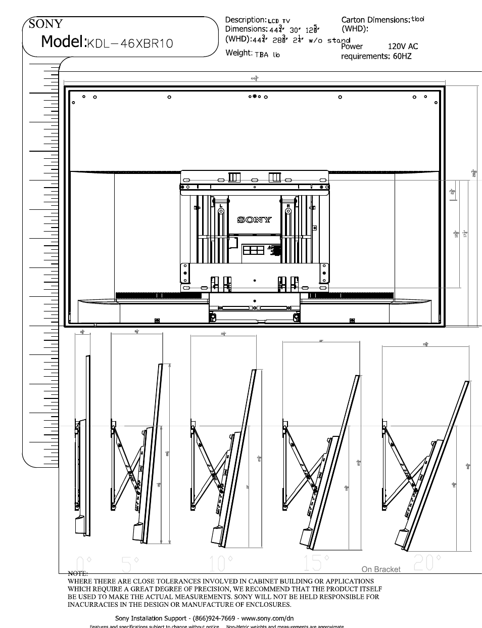 Model, Xbrio | Sony KDL-46XBR10 User Manual | Page 3 / 5