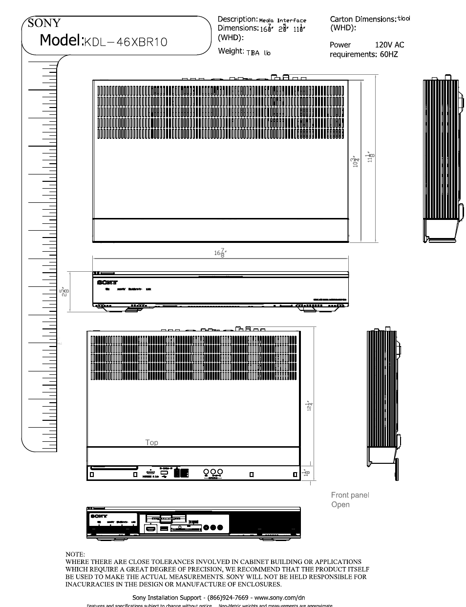 Sony, Model :kdl-46xbrio, 1 dimensions: 16?' 2i' 11?' (whd) | Weight: tba ib, Dd i him, I him | Sony KDL-46XBR10 User Manual | Page 4 / 5