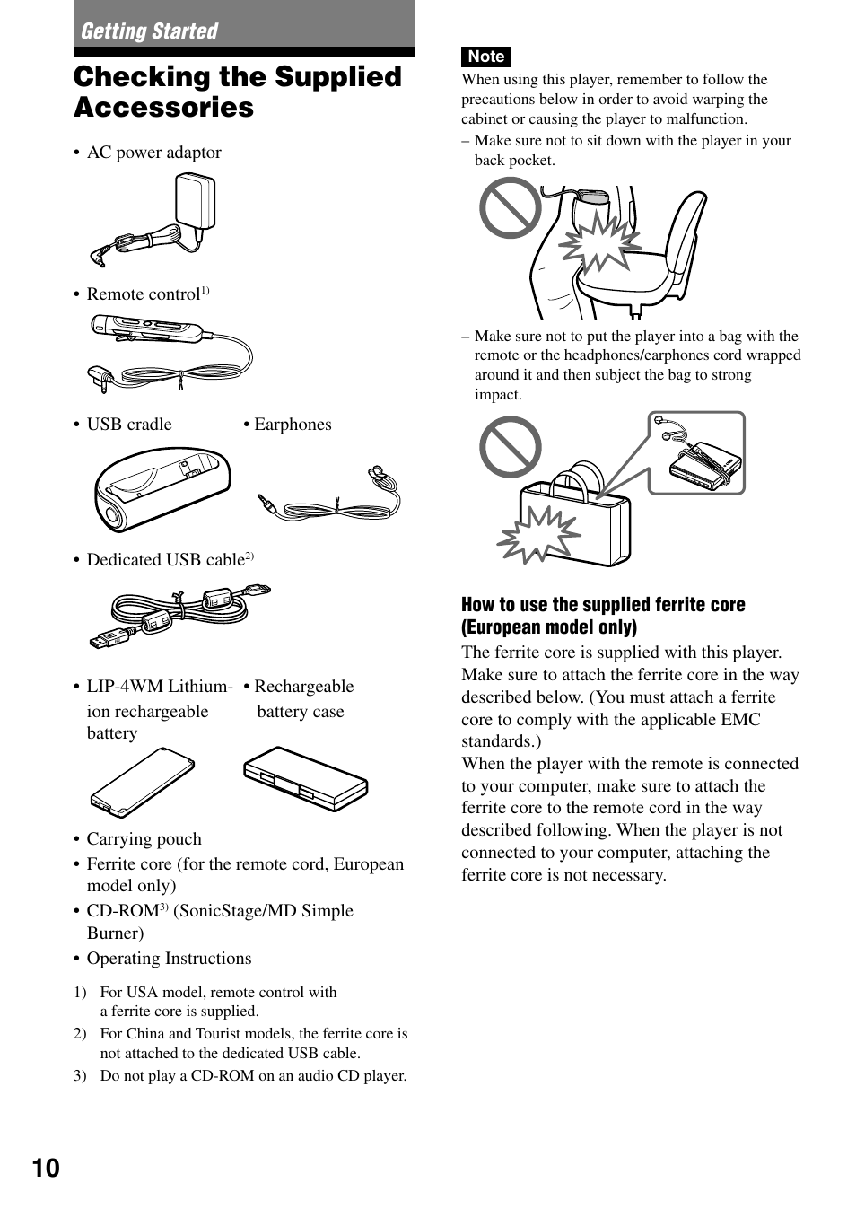 Getting started, Checking the supplied accessories | Sony MZ-DH10P User Manual | Page 10 / 99