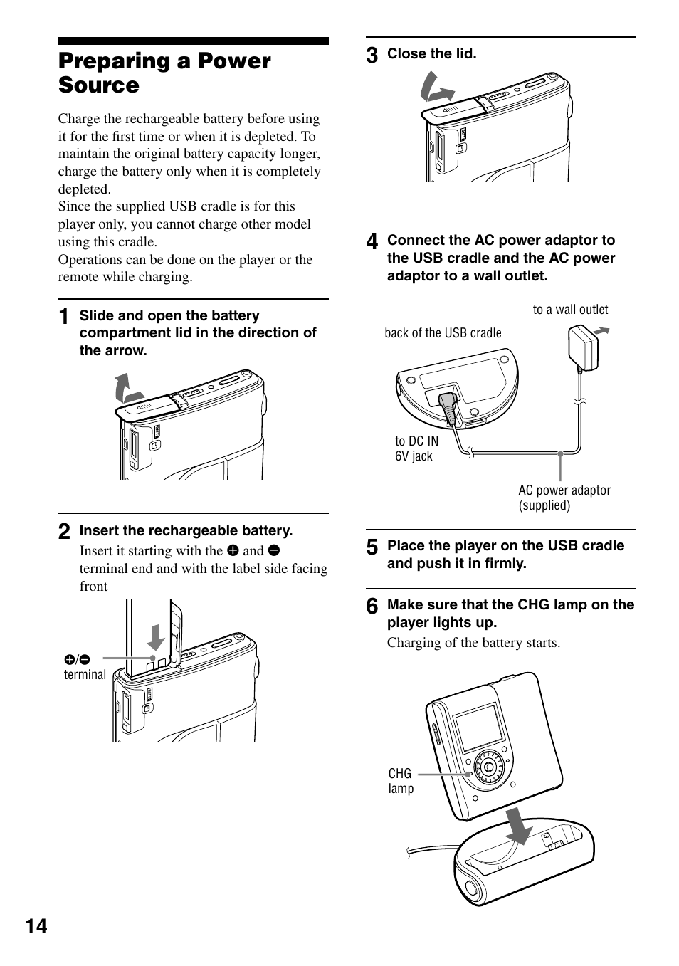 Preparing a power source | Sony MZ-DH10P User Manual | Page 14 / 99