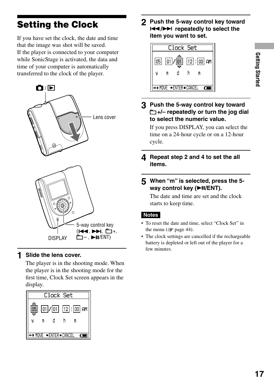 Setting the clock | Sony MZ-DH10P User Manual | Page 17 / 99
