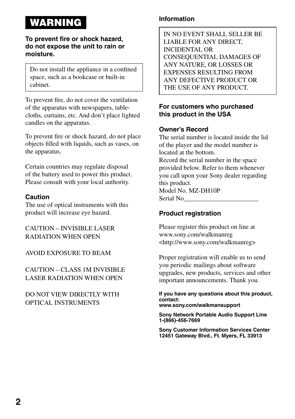 Warning | Sony MZ-DH10P User Manual | Page 2 / 99