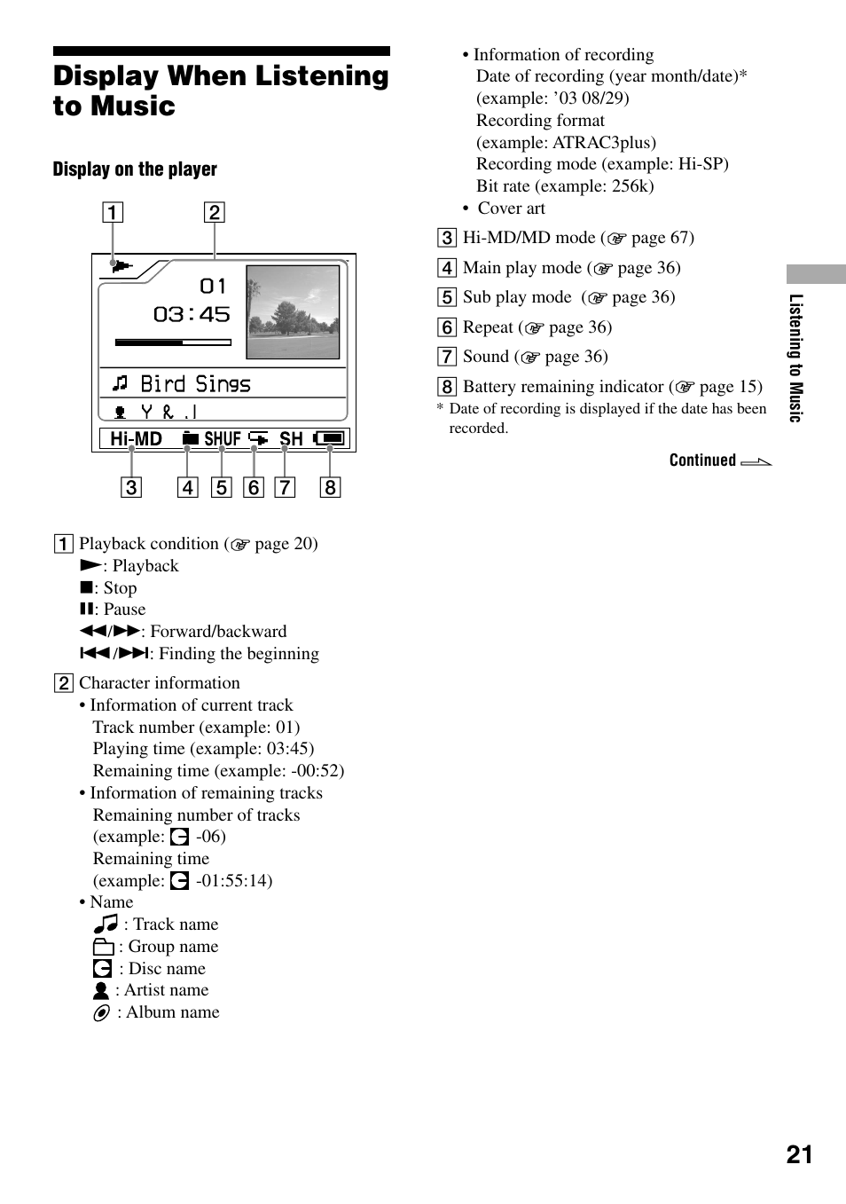 Display when listening to music | Sony MZ-DH10P User Manual | Page 21 / 99