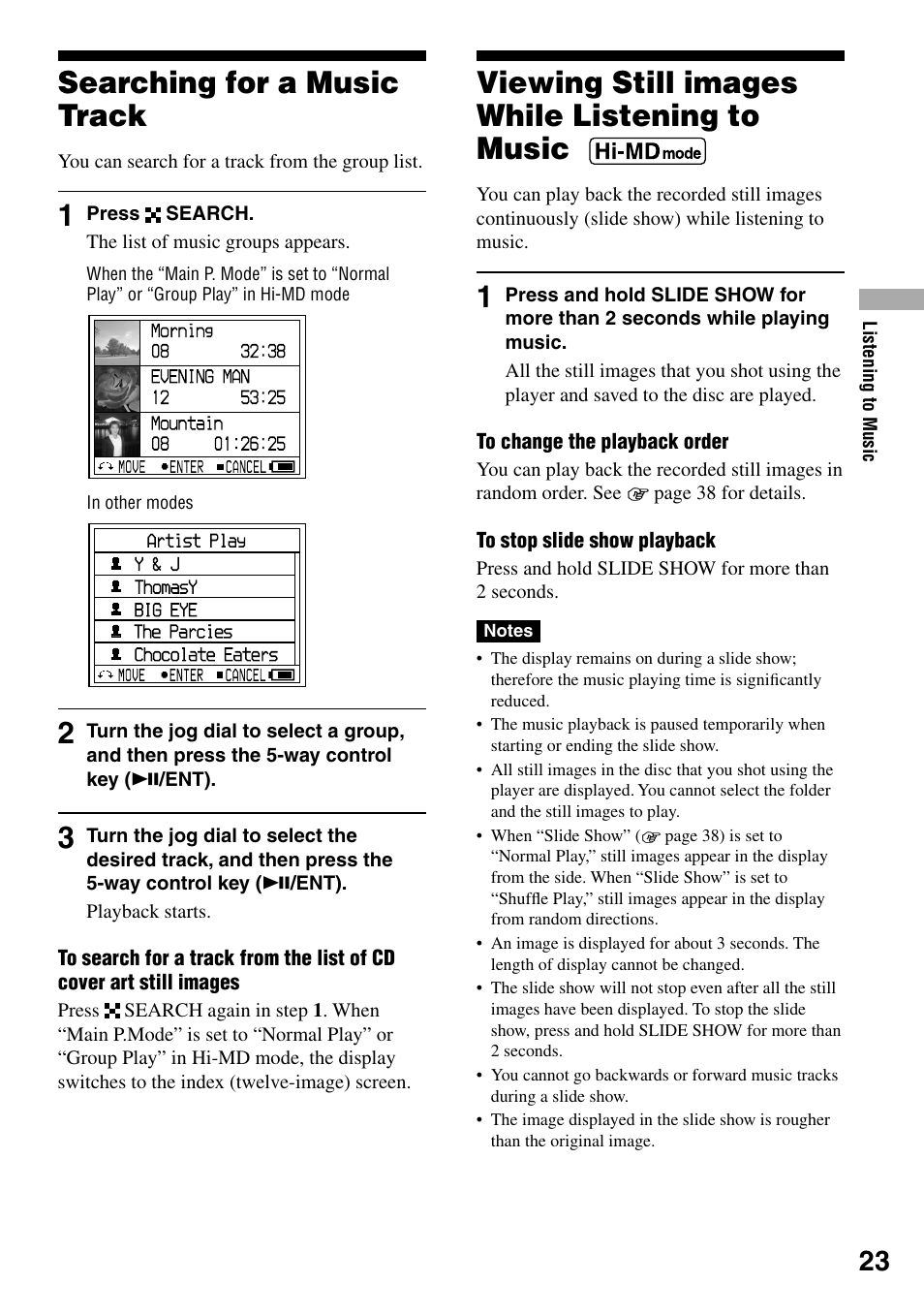 Searching for a music track, Viewing still images while listening to music, Viewing still images | While listening to music | Sony MZ-DH10P User Manual | Page 23 / 99