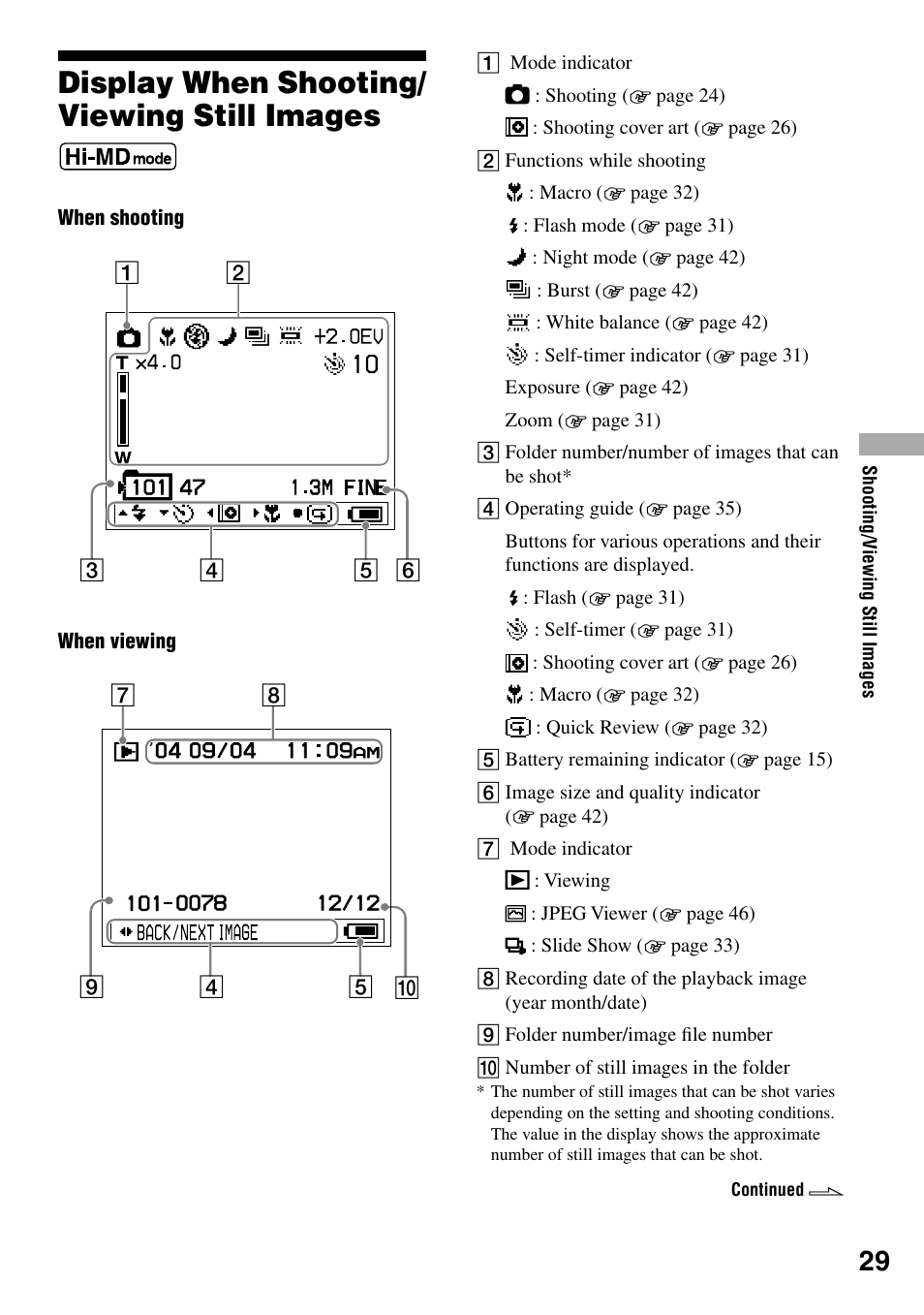 Display when shooting/viewing still images, Display when shooting, Viewing still images | Display when shooting/ viewing still images | Sony MZ-DH10P User Manual | Page 29 / 99