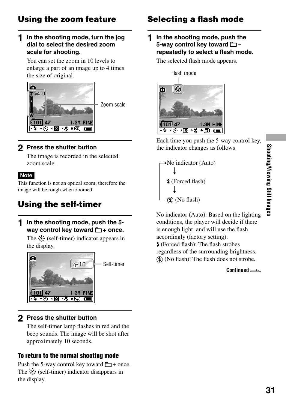 Using the zoom feature, Using the self-timer, Selecting a flash mode | Selecting a ﬂash mode | Sony MZ-DH10P User Manual | Page 31 / 99