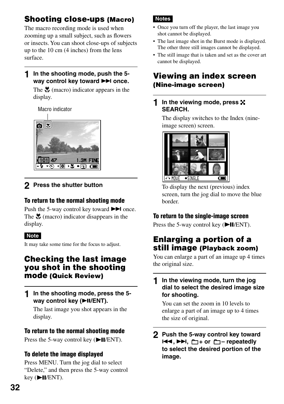 Shooting close-ups (macro), Viewing an index screen (nine-image screen), Shooting mode (quick review) | Viewing an index screen, Nine-image screen), Enlarging a portion of a still image, Playback zoom), Shooting close-ups | Sony MZ-DH10P User Manual | Page 32 / 99