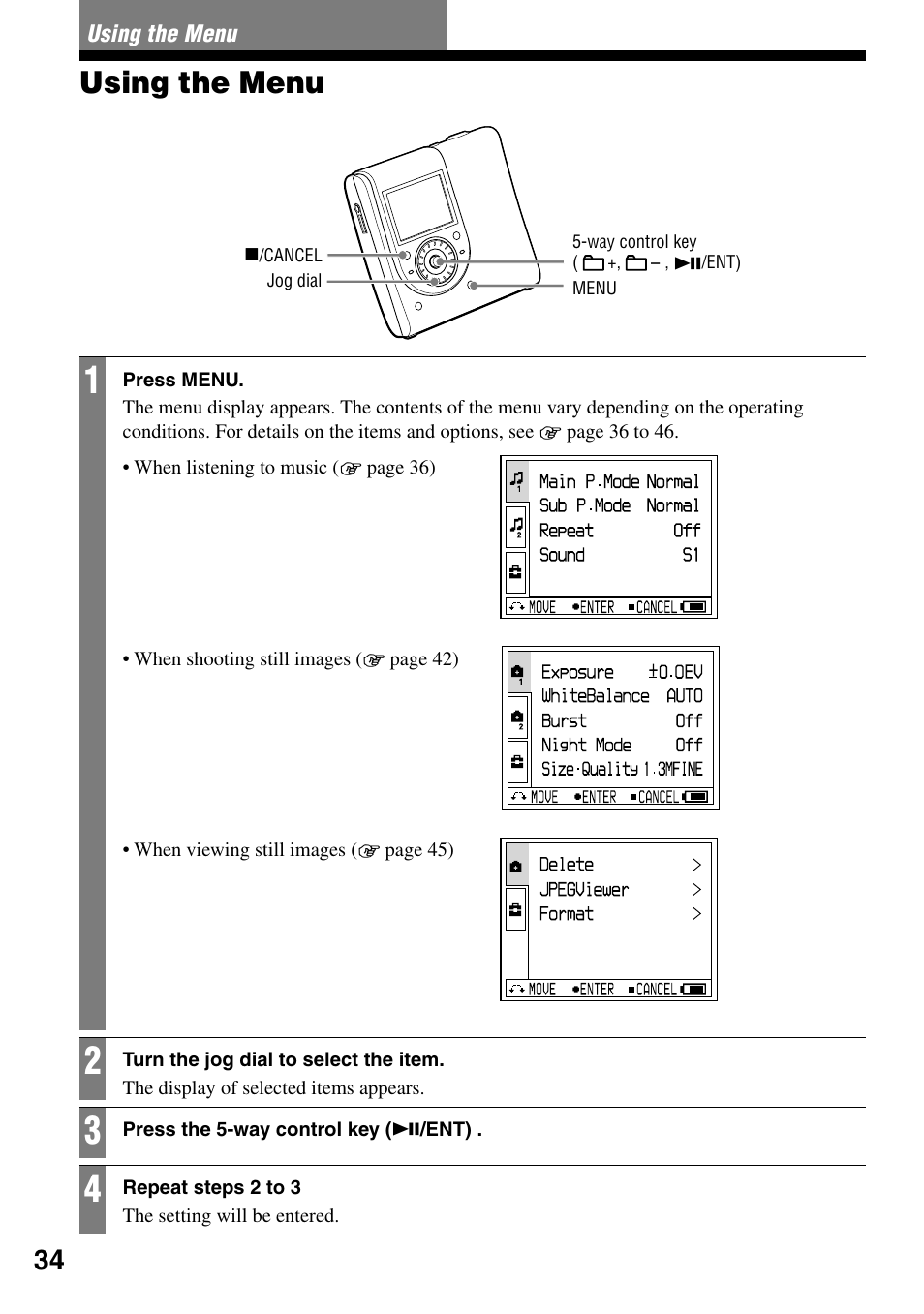 Using the menu | Sony MZ-DH10P User Manual | Page 34 / 99